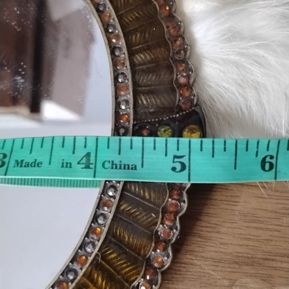 . Vintage Hand Held Mirror - Orange Brown Enameled w Rhinestones Vanity Mirror